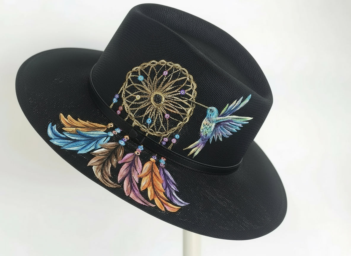 Sombrero colibrí con atrapa sueños  / color negro pintado a mano