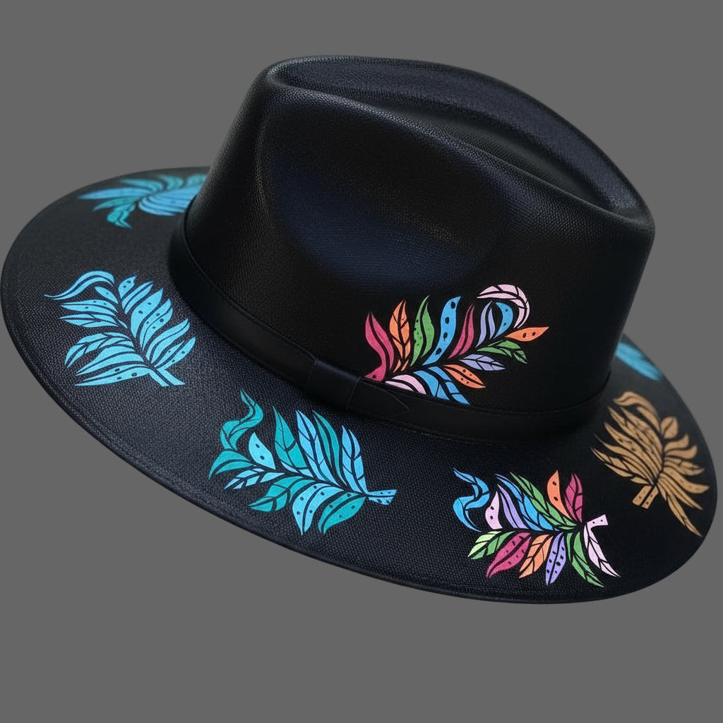Sombrero de plumas / color negro o tabacco pintado a mano