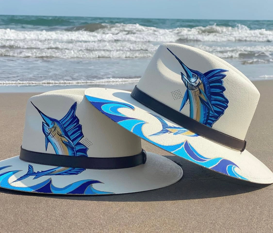 Sombrero pez marlin / color invory pintado a mano