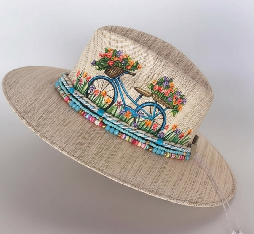 Sombrero de bicicleta/ color invory o perla pintado a mano