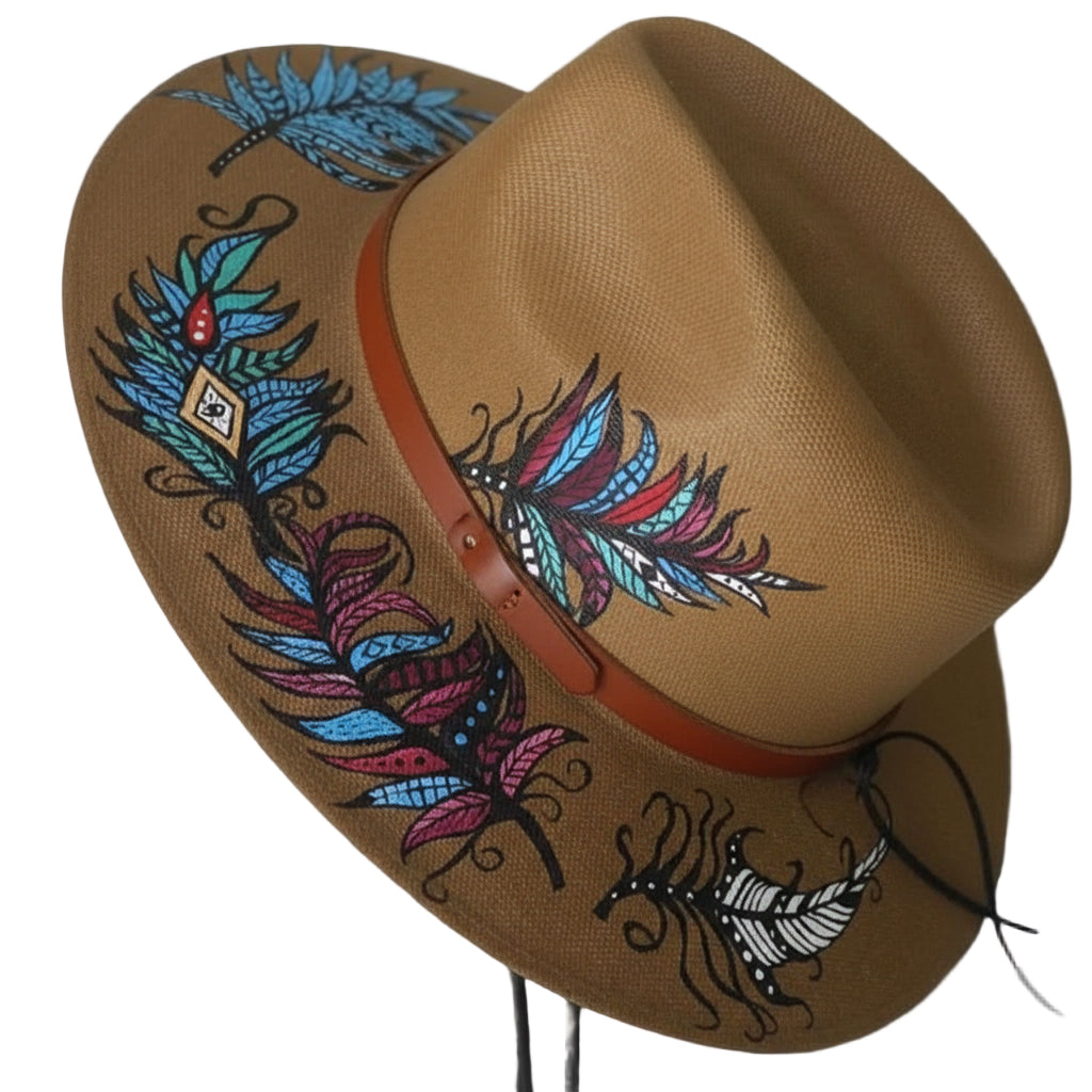 Sombrero de plumas / color negro o tabacco pintado a mano