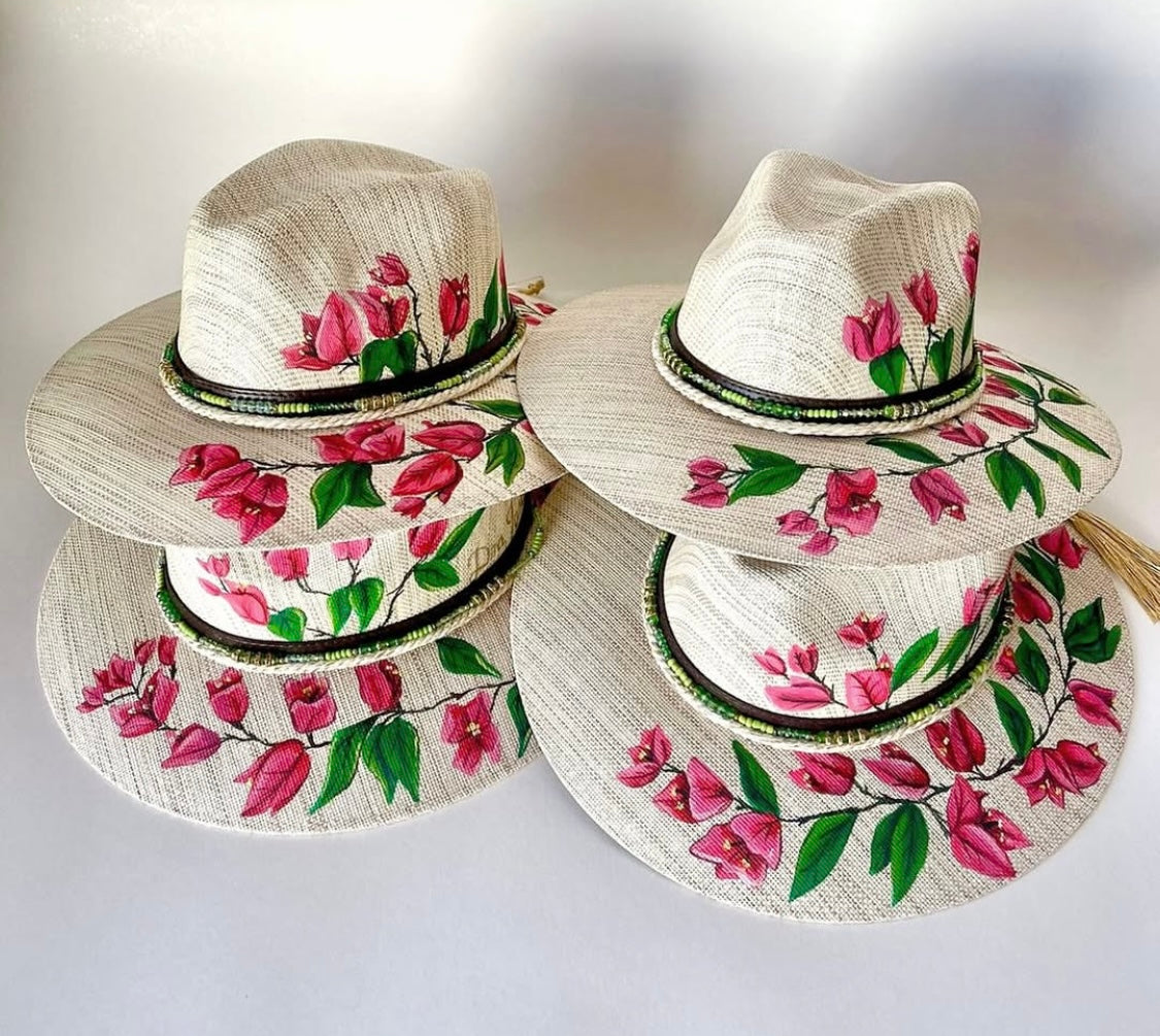 Sombrero bugambilias rosas / color perla pintado a mano