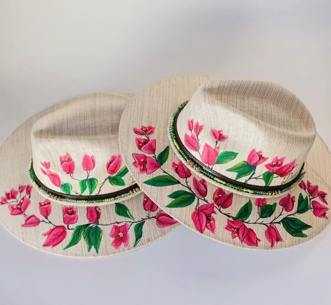 Sombrero bugambilias rosas / color perla pintado a mano