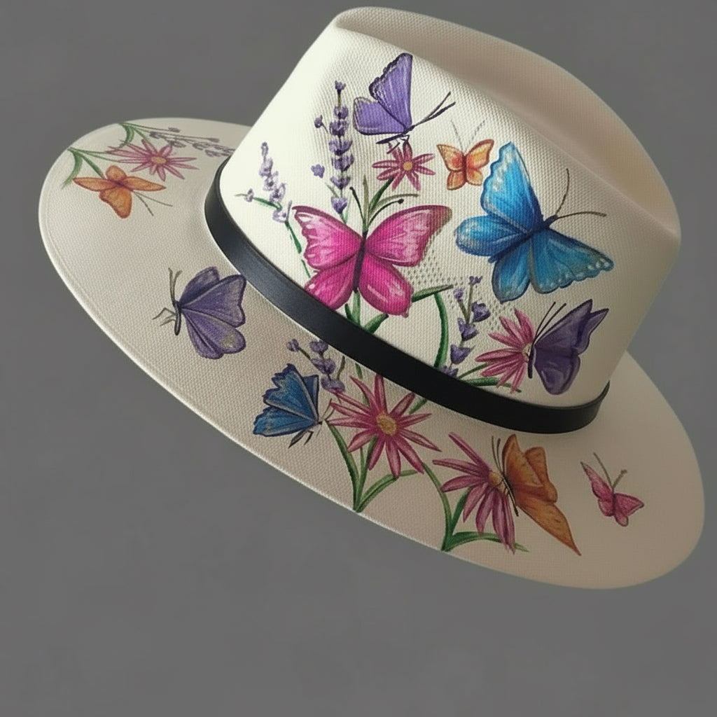 Sombrero mariposas / color invory pintado a mano
