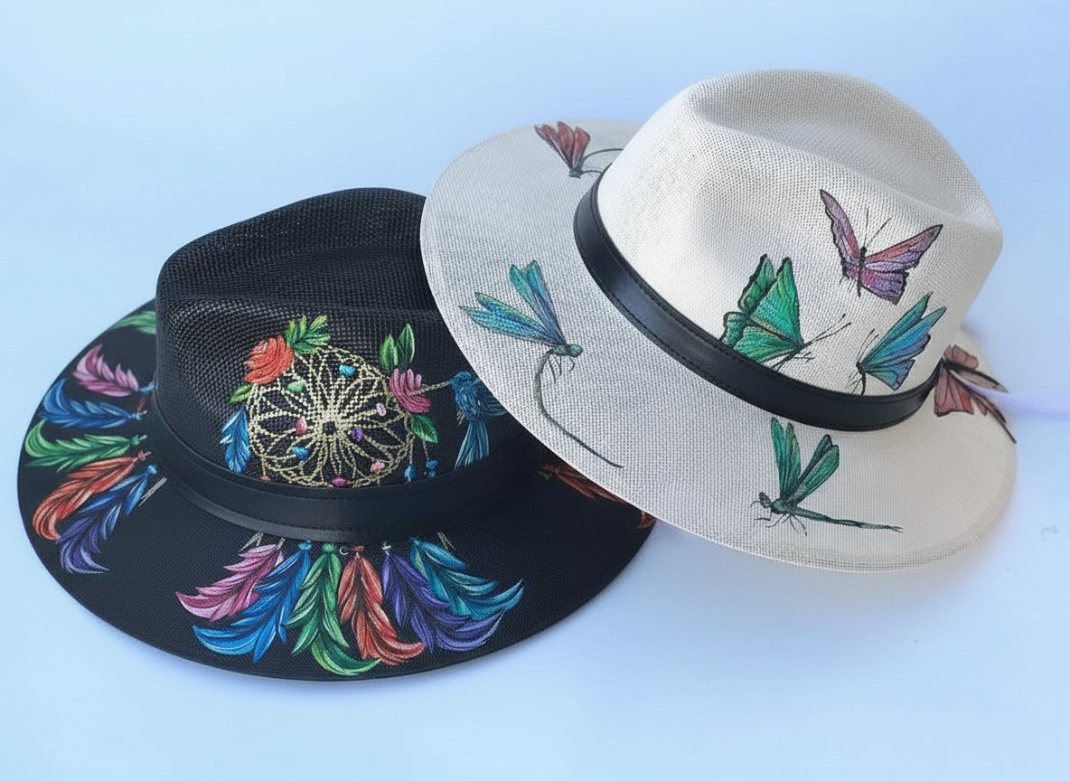Sombrero colibrí con atrapa sueños  / color negro pintado a mano